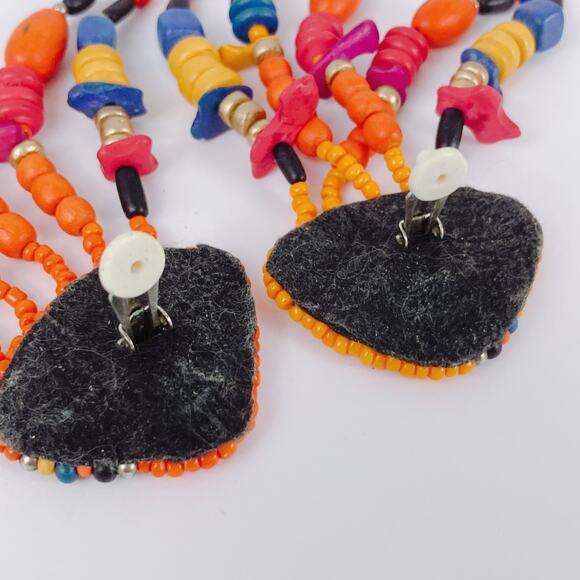 VTG Earrings Painted Wood Bead Boho Clip On Boho Tropical Chunky Eclectic 80s - Picture 9 of 12